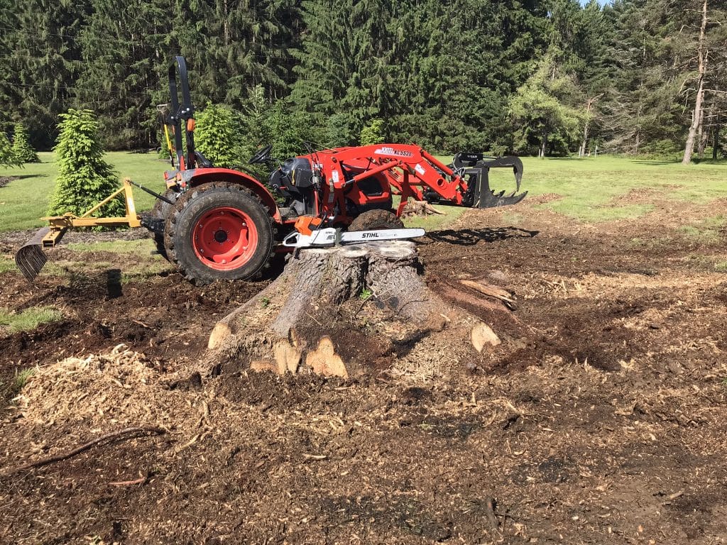 Red bulldozer removing stump